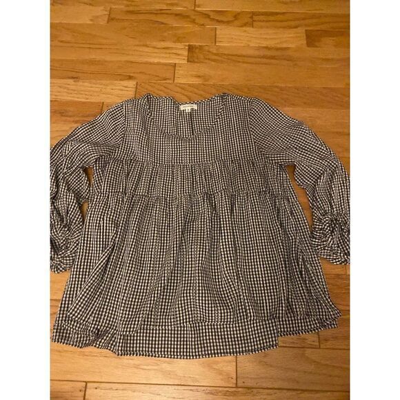 Max Studio, women's black/white checkered boho peasant balloon sleeve blouse Med - Picture 1 of 10